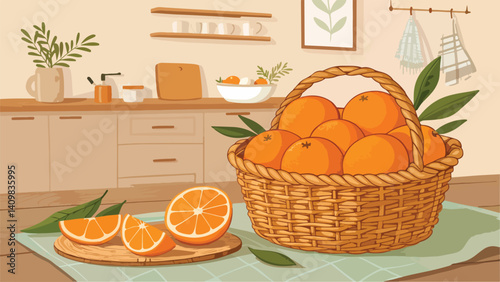 Orange Illustration vector design, Orange in basket with Orange slice in kitchen Illustration vector design