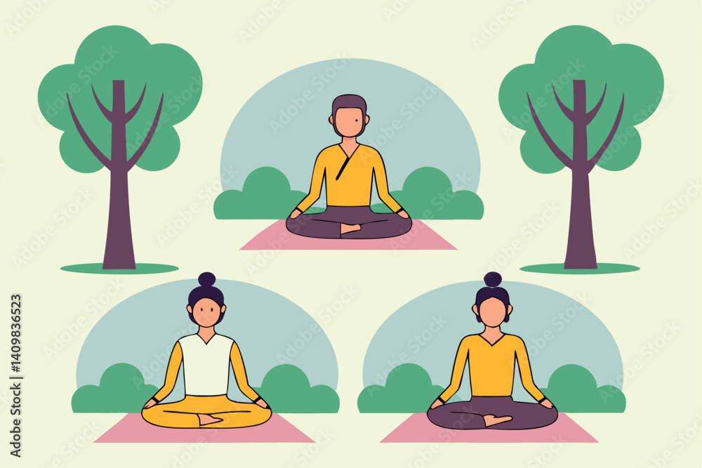 Meditation practice outdoors with diverse individuals in a serene park setting Meditation practice outdoors with diverse individuals in a serene park setting