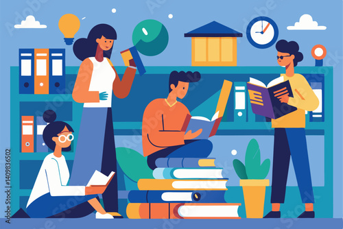 Group of diverse students studying together in a colorful library environment during the afternoon