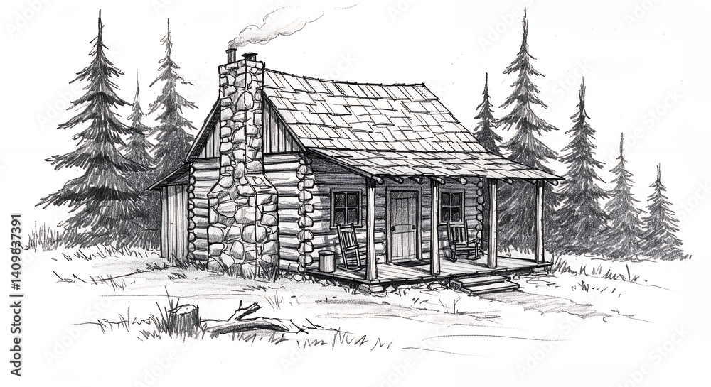 Fototapeta premium Rustic log cabin sketch design illustration