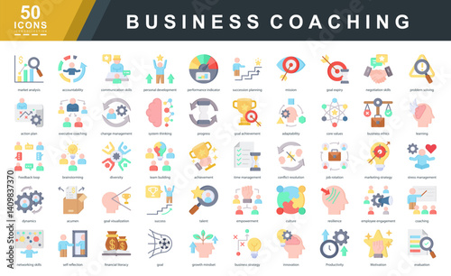 Business coaching flat icon set featuring leadership, growth, performance, strategy, and communication. Ideal for corporate training, personal development, and productivity tools.