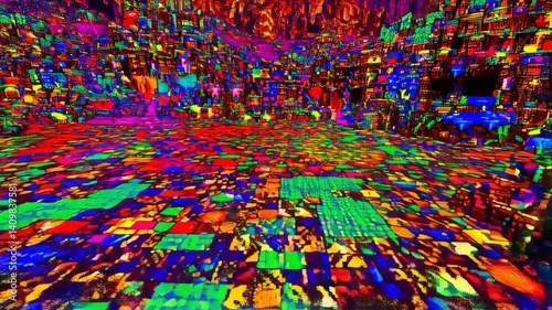 Vibrant kaleidoscopic journey through a colorful geometric digital maze