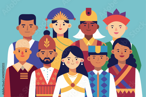 Diverse group of individuals dressed in traditional cultural attire representing various regions and traditions