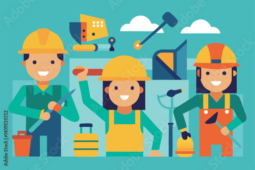 Construction workers collaborating on a building site with tools and equipment in a bright, playful illustration