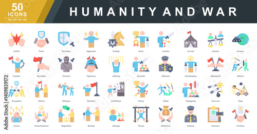 Humanity and War  flat icon set illustrating conflict, sacrifice, diplomacy, and survival. Ideal for history projects, documentaries, awareness campaigns, and geopolitical or military themes.