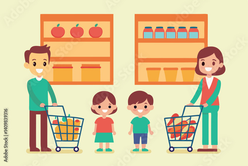 Family shopping together at a grocery store with kids picking fruits and vegetables in the aisle