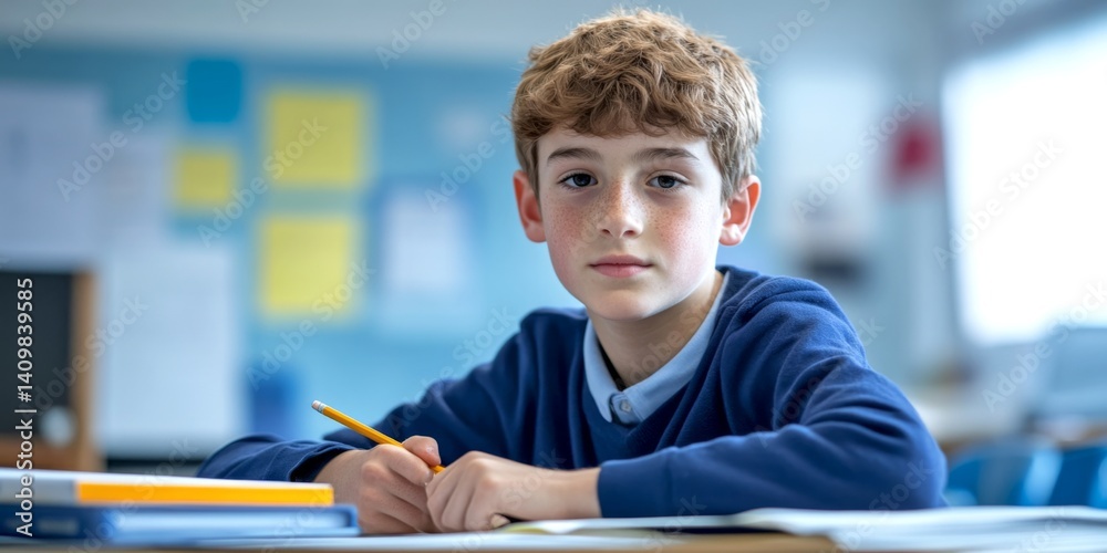 A young boy sits at a desk in a classroom. He holds a pencil with a focused expression. The bright environment promotes learning and creativity.