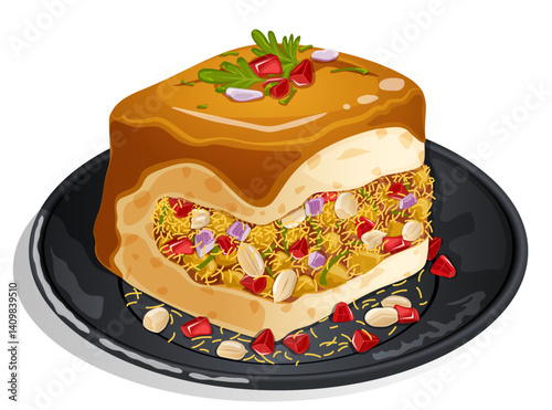 Kutchi Dabeli in a Plate. Onions, Peanuts, Pomegranate Seeds, Potato Masala and Sev Chaat Filling Stuffed in Pav Bun. Indian Street Food Detailed Illustration
