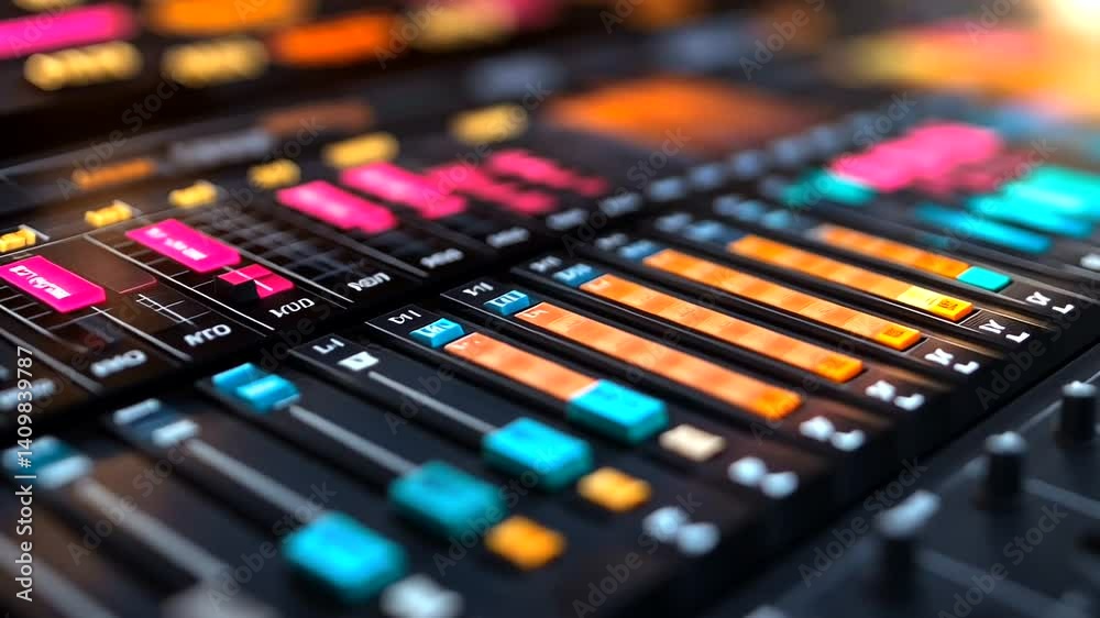 Colorful audio mixer control panel, studio lights