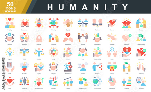 Humanity flat icon set symbolizing compassion, equality, ethics, and resilience. Ideal for nonprofit work, education, awareness campaigns, and social responsibility visuals.