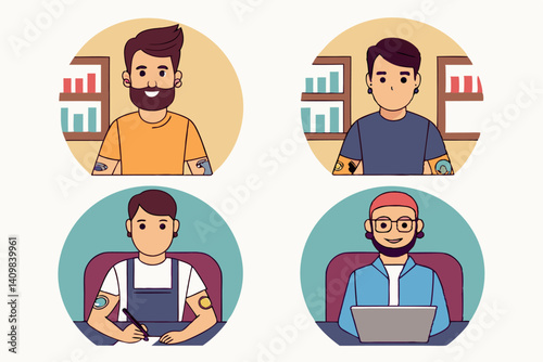 Four individuals engaged in different creative activities in a contemporary workspace setting