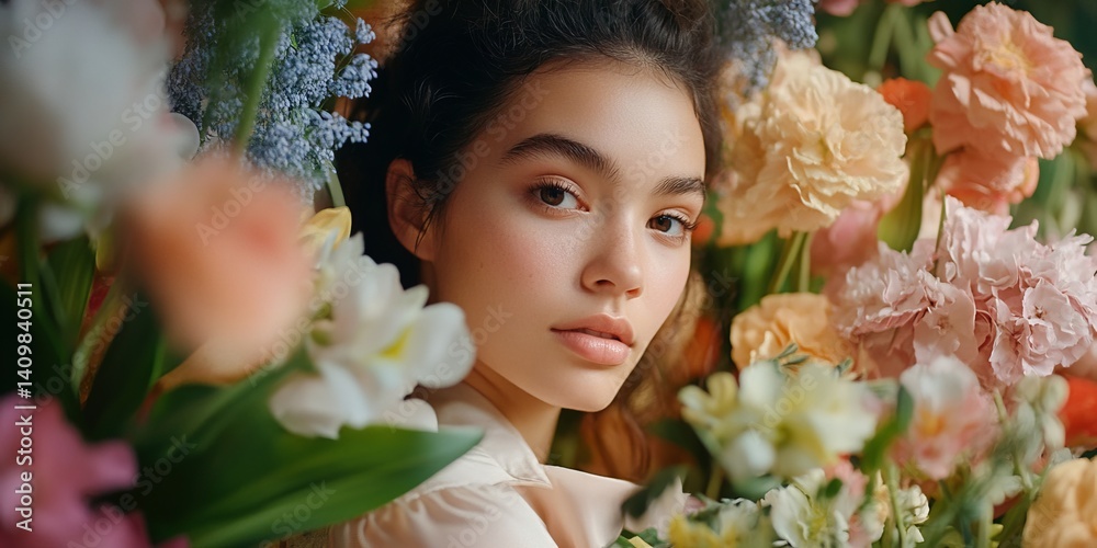 A serene portrait of a young woman surrounded by vibrant flowers. The image captures her natural beauty and the lush colors of nature. Perfect for showcasing floral themes. AI