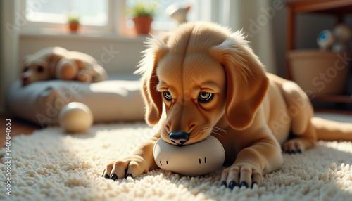 Dog playing with a toy in a cozy indoor setting  
