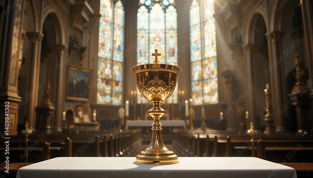 Fototapeta premium Golden Chalice in Grand Church Interior with Stained Glass