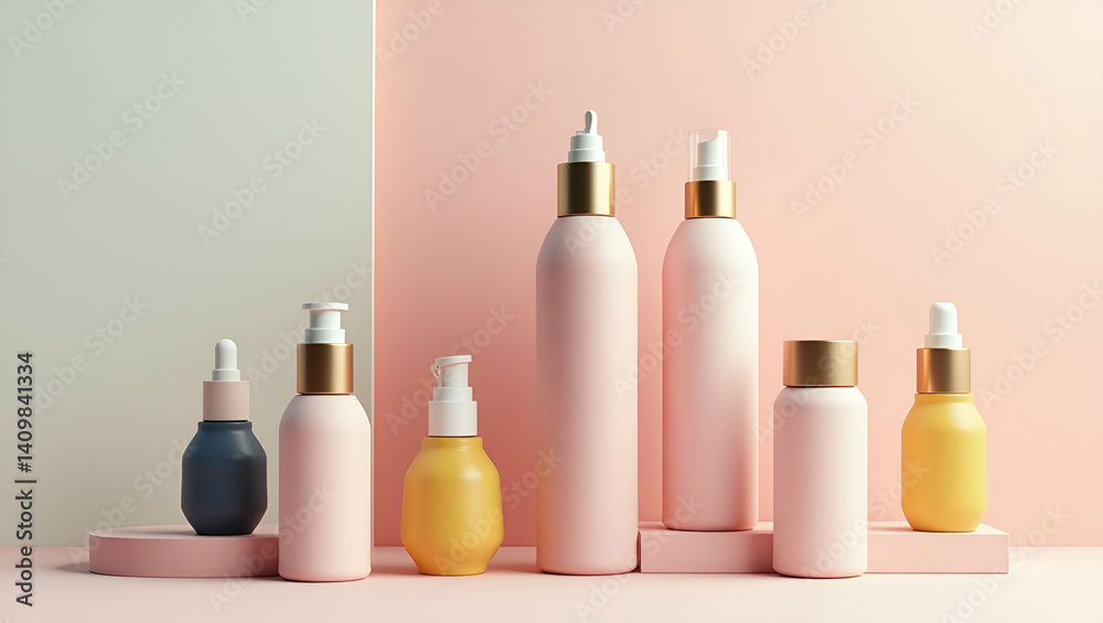 Elegant Cosmetic Bottle Display Concepts: Modern Design for Enhanced Digital Shelf Presence & Brand Credibility - Creative Ideas with Empty Space on Left Elegant Cosmetic Bottle Display Concepts: Modern Design for Enhanced Digital Shelf Presence & Brand Credibility - Creative Ideas with Empty Space on Left