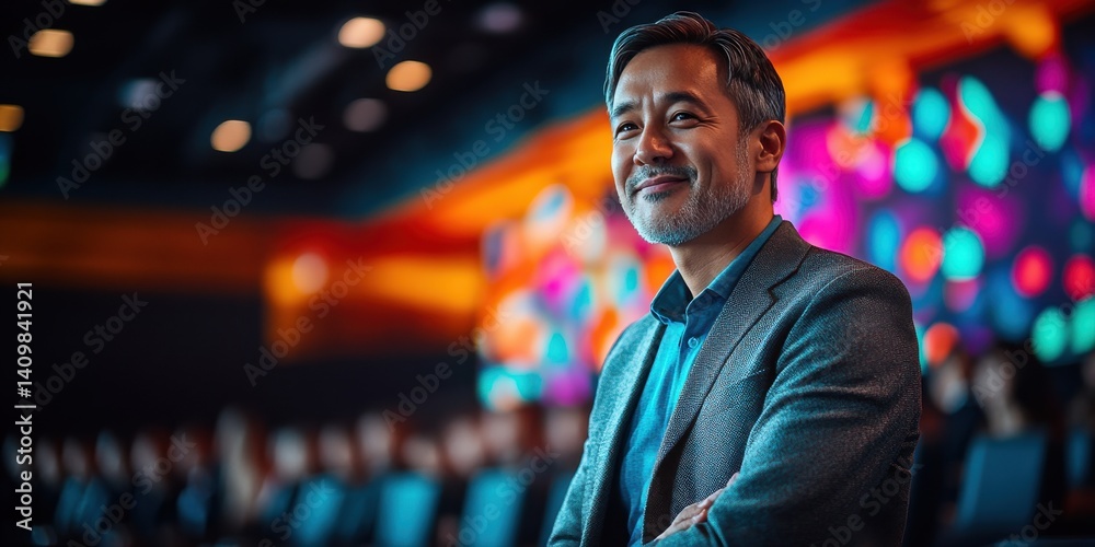 Fototapeta premium male marketing executive sharing insights at a conference, wearing a modern blazer