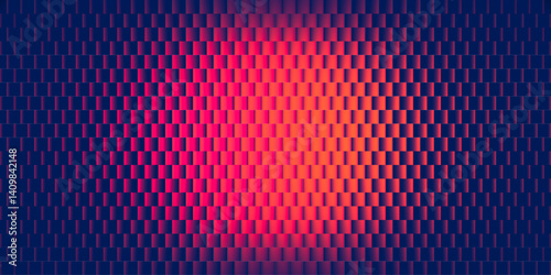 Abstract sunset inspired gradient brick pattern with fractal glass effect and illuminated with warm blending glowing tones. Vibrant sunset glowing through geometric structural glass. Vector background