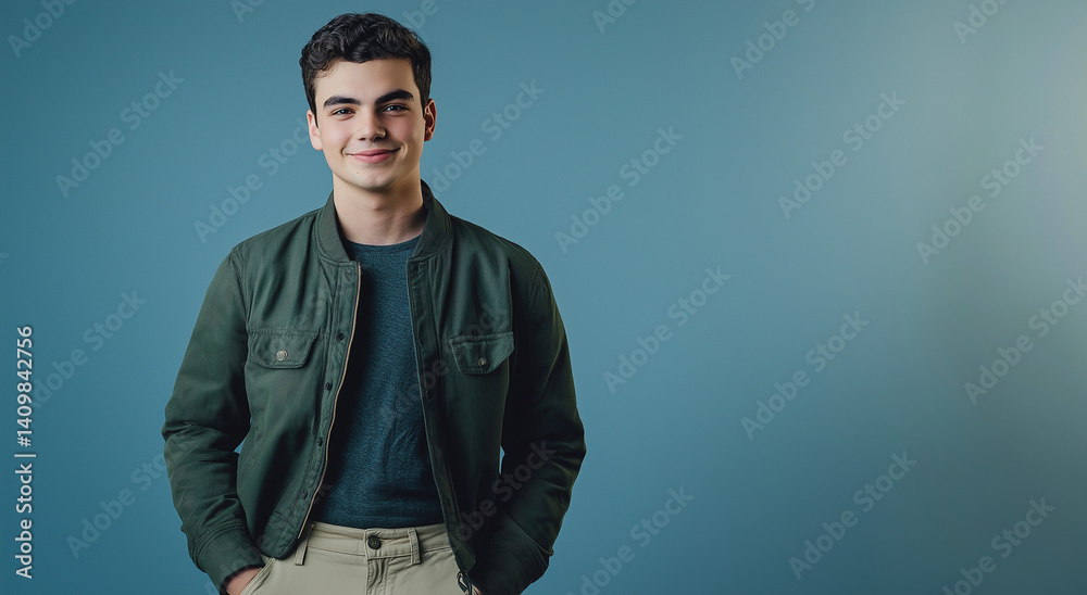Fototapeta premium Um jovem vestindo uma jaqueta verde-escura e calça chino bege sorri suavemente 