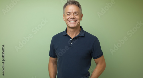 Um homem de meia-idade, vestindo uma camisa polo azul-marinho e calças cáqui, sorri