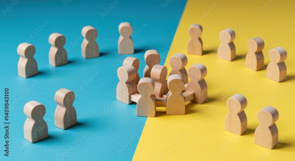 Wooden figures separated on blue and yellow background representing division or conflict. Wooden figures separated on blue and yellow background representing division or conflict.