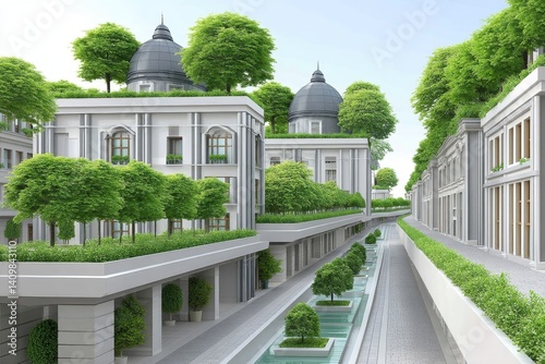 Urban city with green roofs responding to climate adaptation