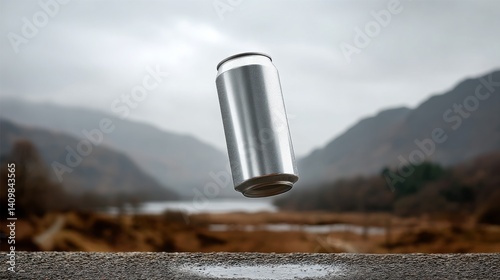 Silver Soda Can Floating Above Serene Landscape in Soft Focus