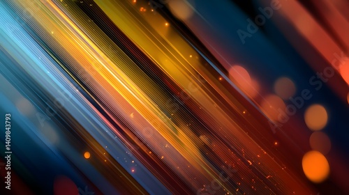 Abstract background with diagonal streaks of light transitioning from cool blues to warm oranges and reds, featuring sparkling bokeh and energetic motion blur effect.  