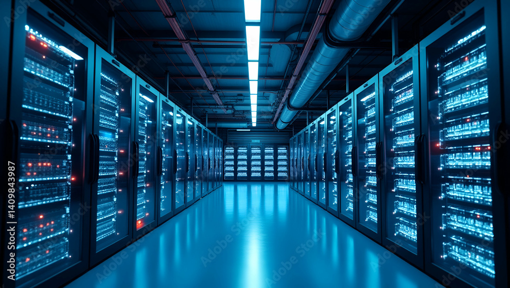 Obraz premium Modern cloud data center design with state of the art infrastructure optimized energy management and comprehensive security systems for enterprise grade digital operations. in Photo Stock Concept a