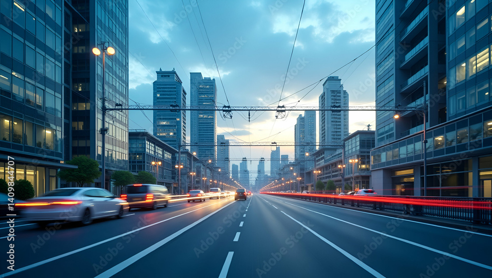 Naklejka premium Comprehensive Urban Smart Grid Deployment: Modern EV Charging Networks for Optimized Power Distribution & Enhanced Renewable Energy Connectivity in Cities - Photo Stock Concept