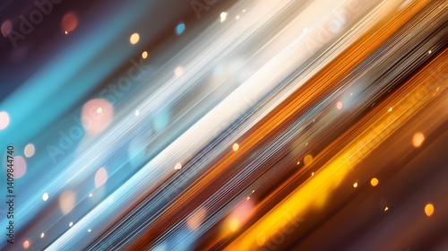 Abstract background with diagonal streaks of light transitioning from cool blues to warm oranges and reds, featuring sparkling bokeh and energetic motion blur effect.  