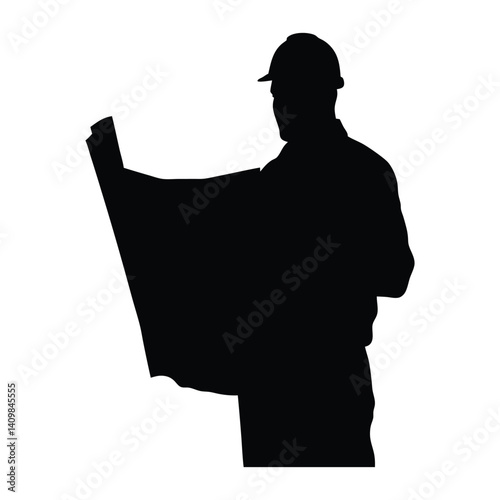 Engineer looking map vector silhouette