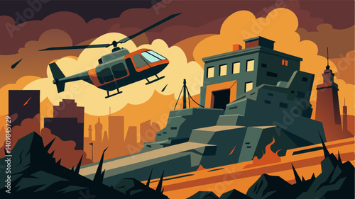 In a postapocalyptic world a lone air taxi braves the toxic fumes and hazardous terrain to retrieve residents stranded atop a crumbling building before it collapses.. Vector illustration