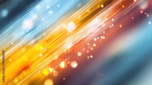 Abstract background with diagonal streaks of light transitioning from cool blues to warm oranges and reds, featuring sparkling bokeh and energetic motion blur effect.  