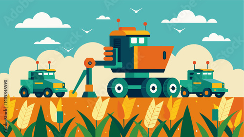Harvesting corn has never been easier as robotic harvesters effortlessly navigate through rows of crops leaving no kernel behind.. Vector illustration