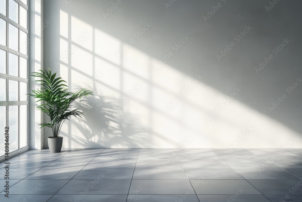 Sunlit interior with large windows and potted plant casting shadows on tiled floor Sunlit interior with large windows and potted plant casting shadows on tiled floor