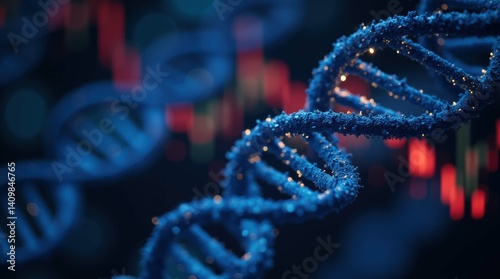 DNA Helix with Stock Market Data Background