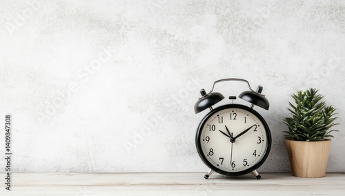 Black alarm clock on white wall, simple office decor