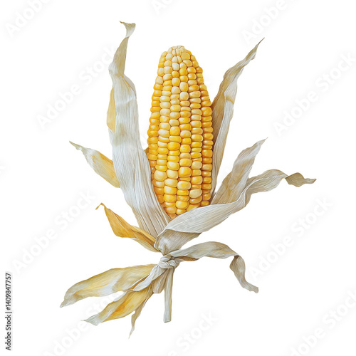 Falling shucked ear of corn in dynamic motion, fresh and vibrant vegetable, Isolated Transparent Background