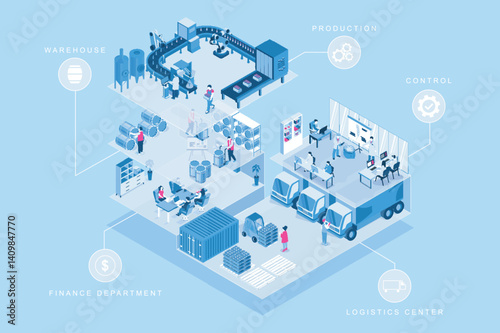 Beer factory 3d isometric concept for web design. People in isometry rooms working production lines, brewers in control and finance departments, logistics center and warehouse. Vector illustration.