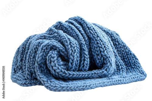 Soft blue chunky knit throw blanket cozy textured wool isolated on black on transparent background