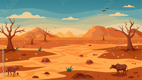The field once full of life has been reduced to a barren desertlike landscape. The sight of dead livestock strewn about serves as a poignant reminder of the devastating impact of. Vector illustration