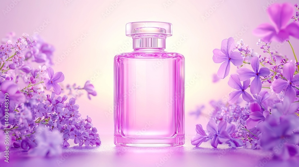 Violet Essence, a soft violet bottle surrounded by wild violets and lilacs, illuminated by a gentle purple glow, creating an enchanting and serene atmosphere. Violet Essence, a soft violet bottle surrounded by wild violets and lilacs, illuminated by a gentle purple glow, creating an enchanting and serene atmosphere.