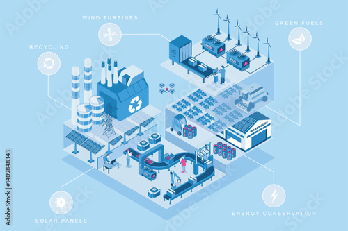 Green manufacturing 3d isometric concept for web design. People in isometry rooms work at eco factory with solar panels, wind turbines and green fuels, energy conservation zone. Vector illustration.