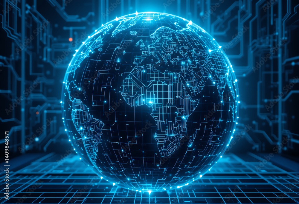 Fototapeta premium Digital world globe with glowing blue lines and circuitry on a dark background design element