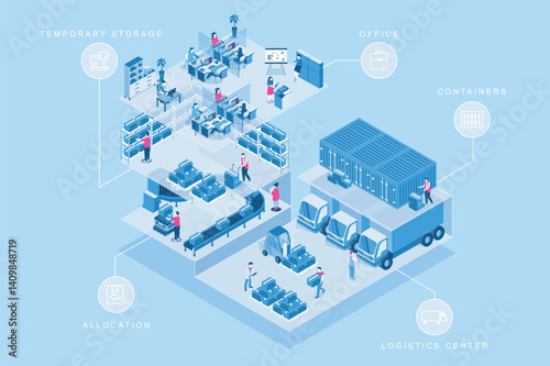 Warehouse logistics 3d isometric concept for web design. People in isometry working at delivery company office, loading boxes and containers, allocation and temporary storage. Vector illustration.