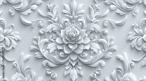 Elegant White Floral Pattern with Lotus Flowers, A seamless floral pattern featuring intricate white lotus flowers and elegant swirling leaves