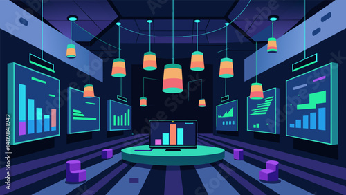 A room filled with hanging screens displaying visual representations of live data from various sources creating an everchanging immersive experience.. Vector illustration