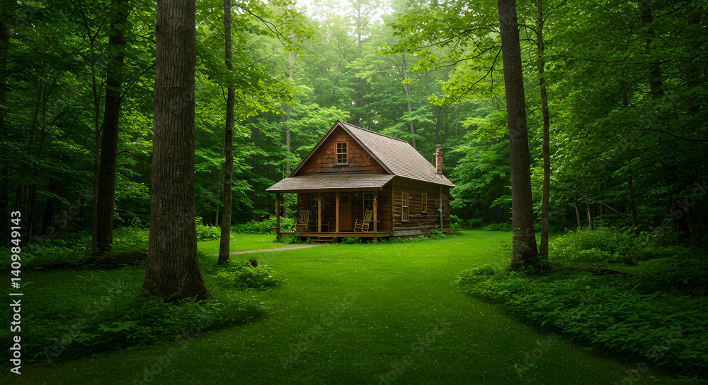 Secluded Log Cabin in Lush Green Forest: A Serene Landscape Secluded Log Cabin in Lush Green Forest: A Serene Landscape