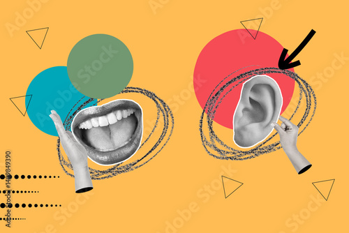 Collage of woman hands, woman mouth and an ear on colored circles on an orange background