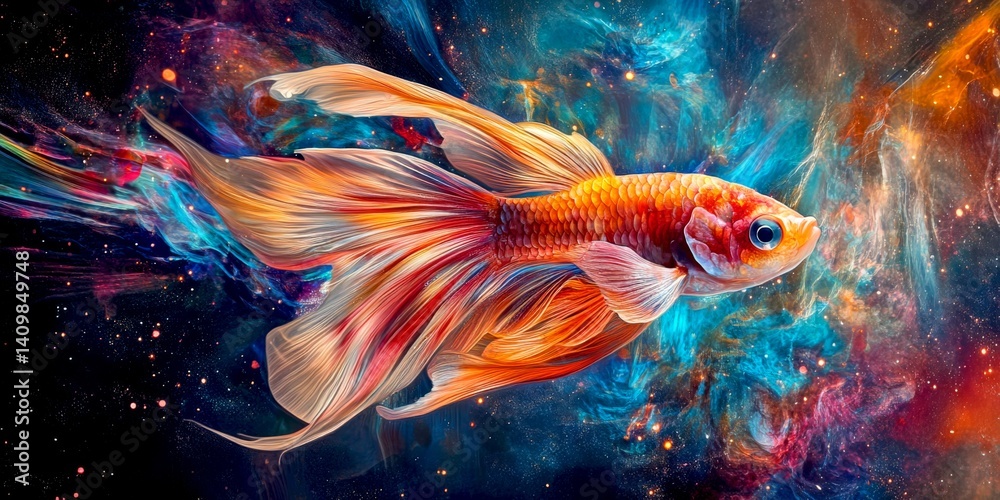 A captivating goldfish swims through a vibrant cosmic world. Its colorful fins shimmer against the dark backdrop of space. This artistic piece combines nature and fantasy. AI